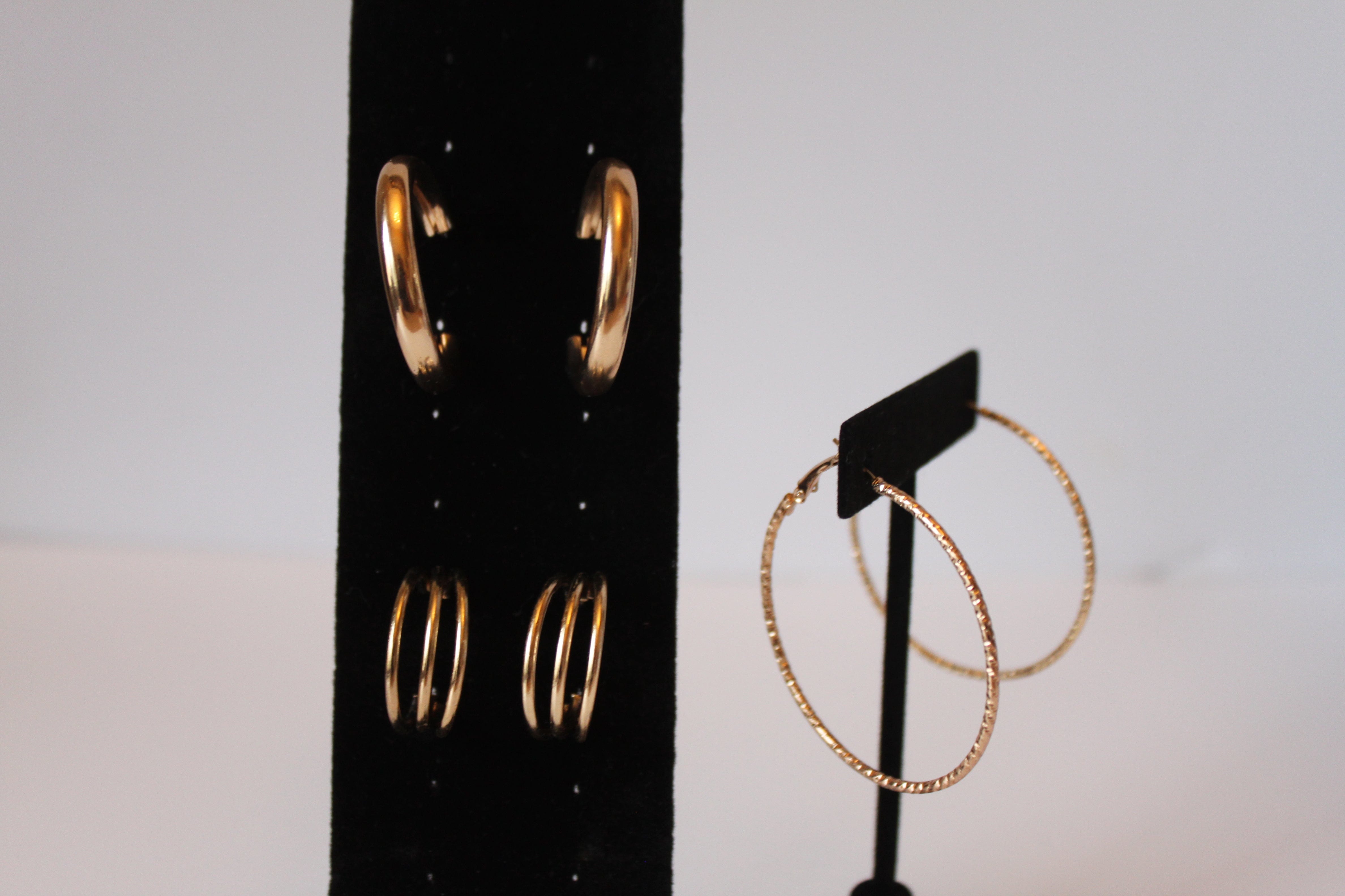 Earrings - Three pairs of earrings - gold plated hoops in various designs JL113