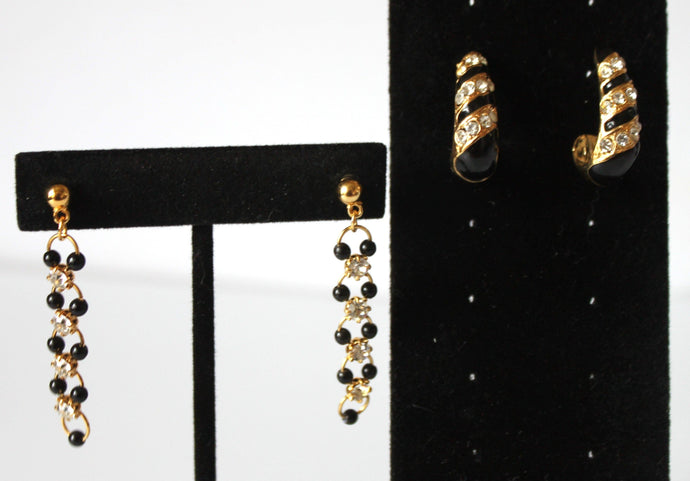 Earrings - Three pairs of gold/black with rhinestones - Vintage Art Deco earrings JL117