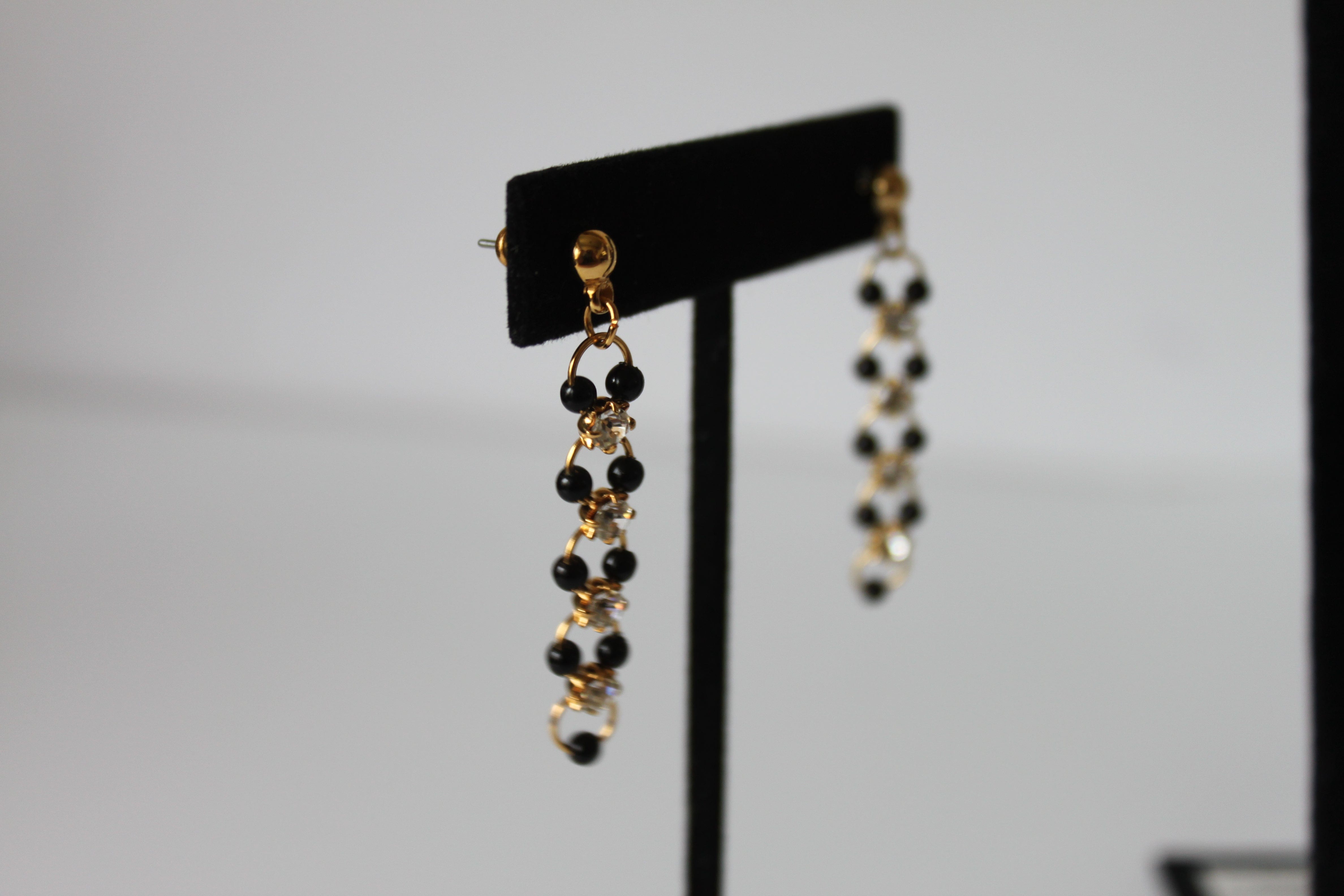 Earrings - Three pairs of gold/black with rhinestones - Vintage Art Deco earrings JL117