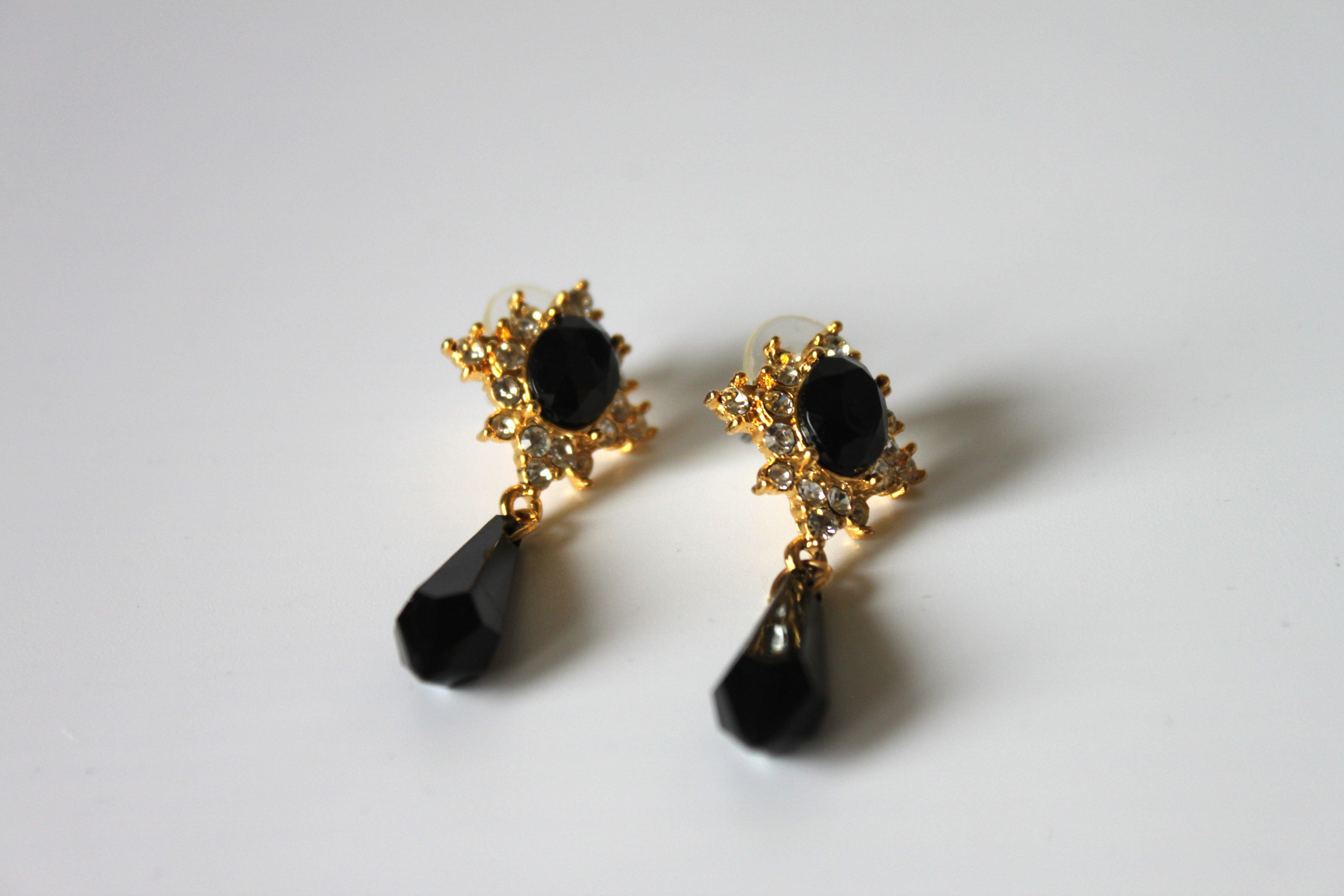 Earrings - Three pairs of gold/black with rhinestones - Vintage Art Deco earrings JL117