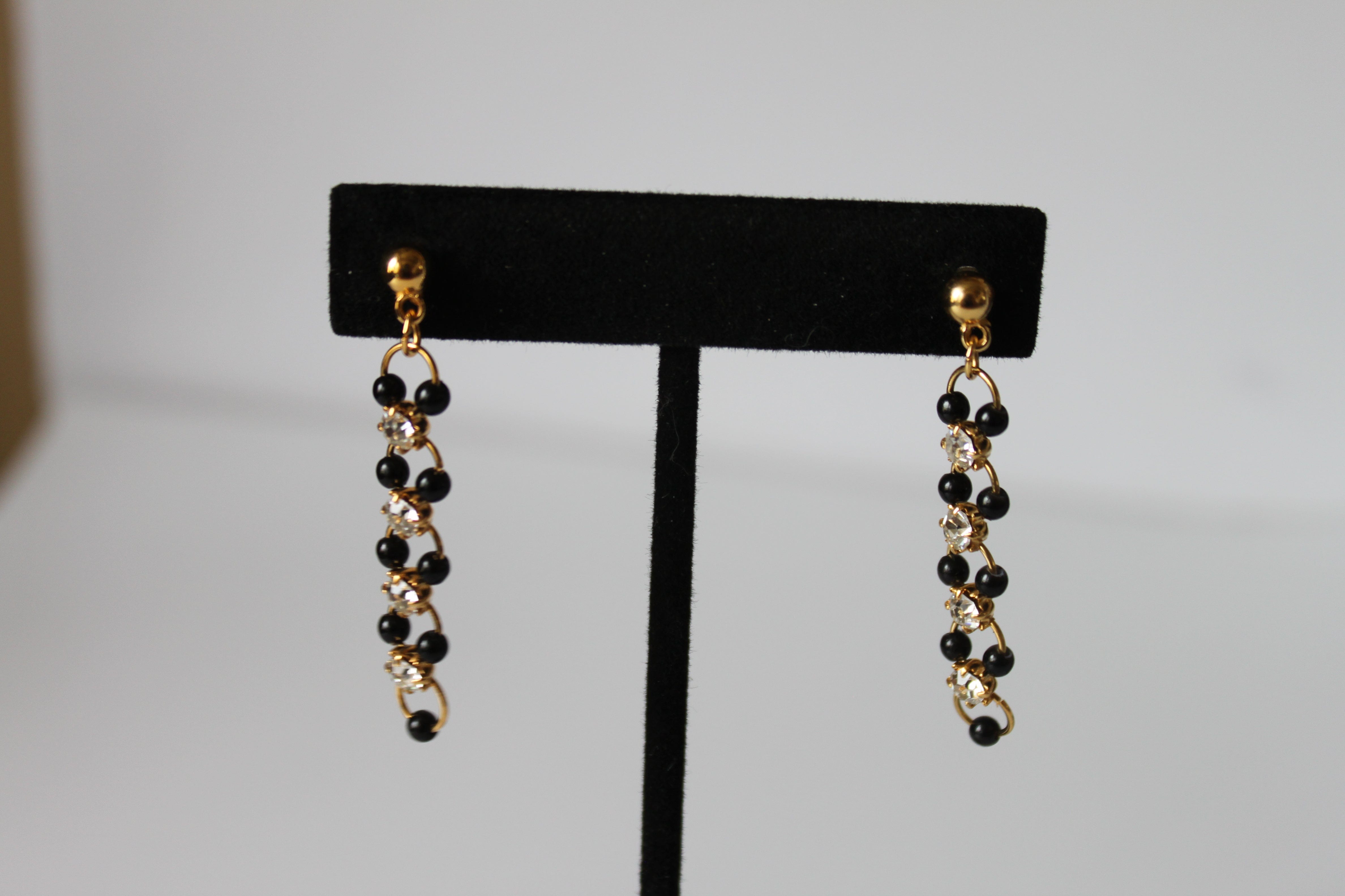 Earrings - Three pairs of gold/black with rhinestones - Vintage Art Deco earrings JL117