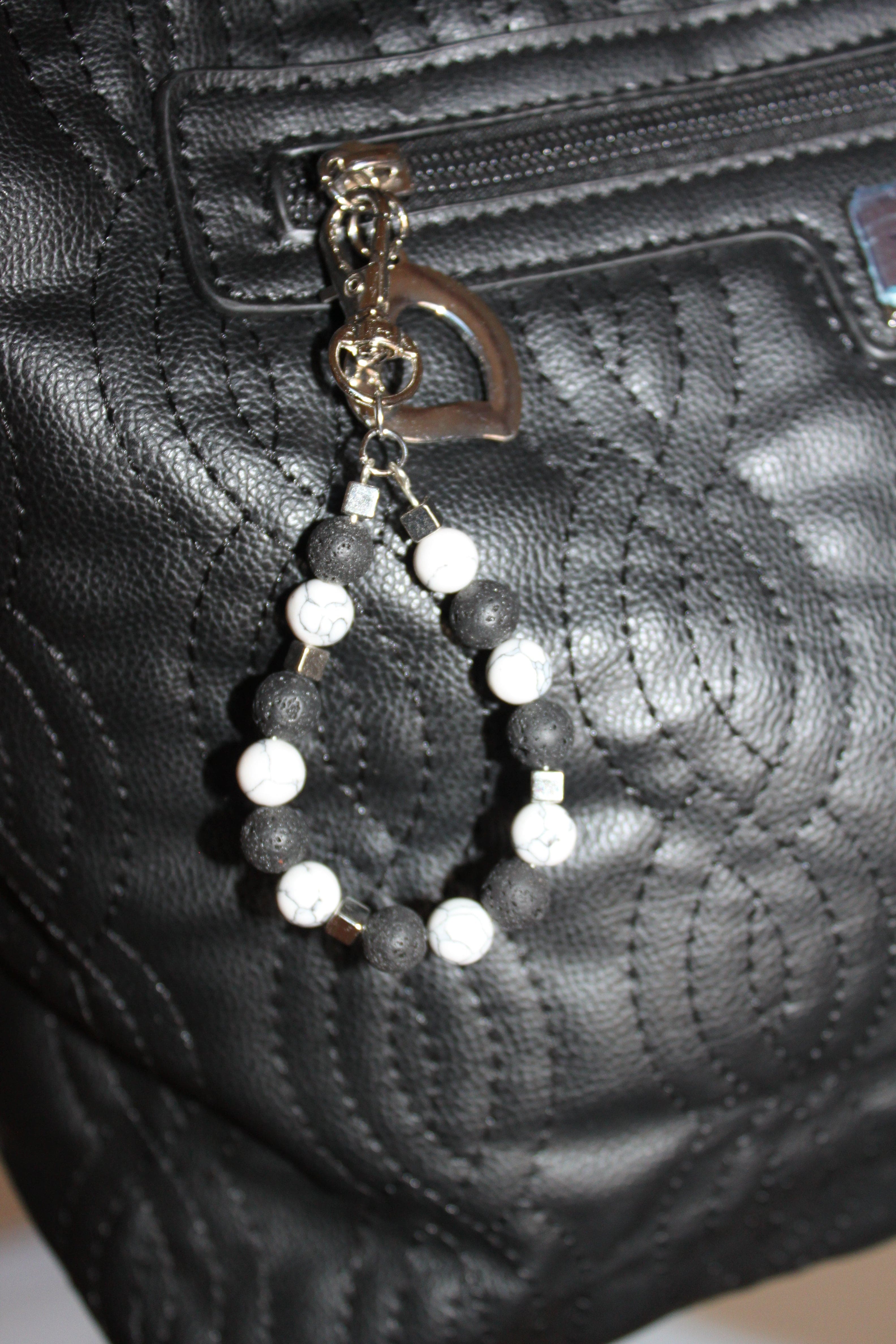 Large Black Shoulder Bag with silver accents and hand-crafted bag charm HB066