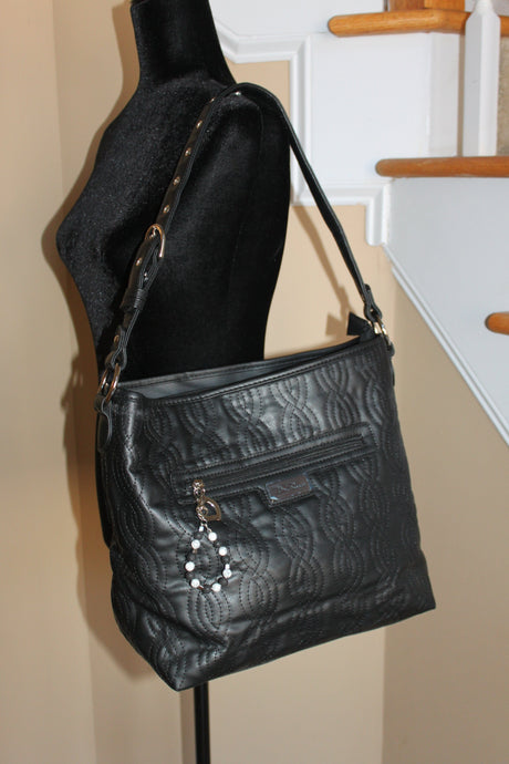 Large Black Shoulder Bag with silver accents and hand-crafted bag charm HB066