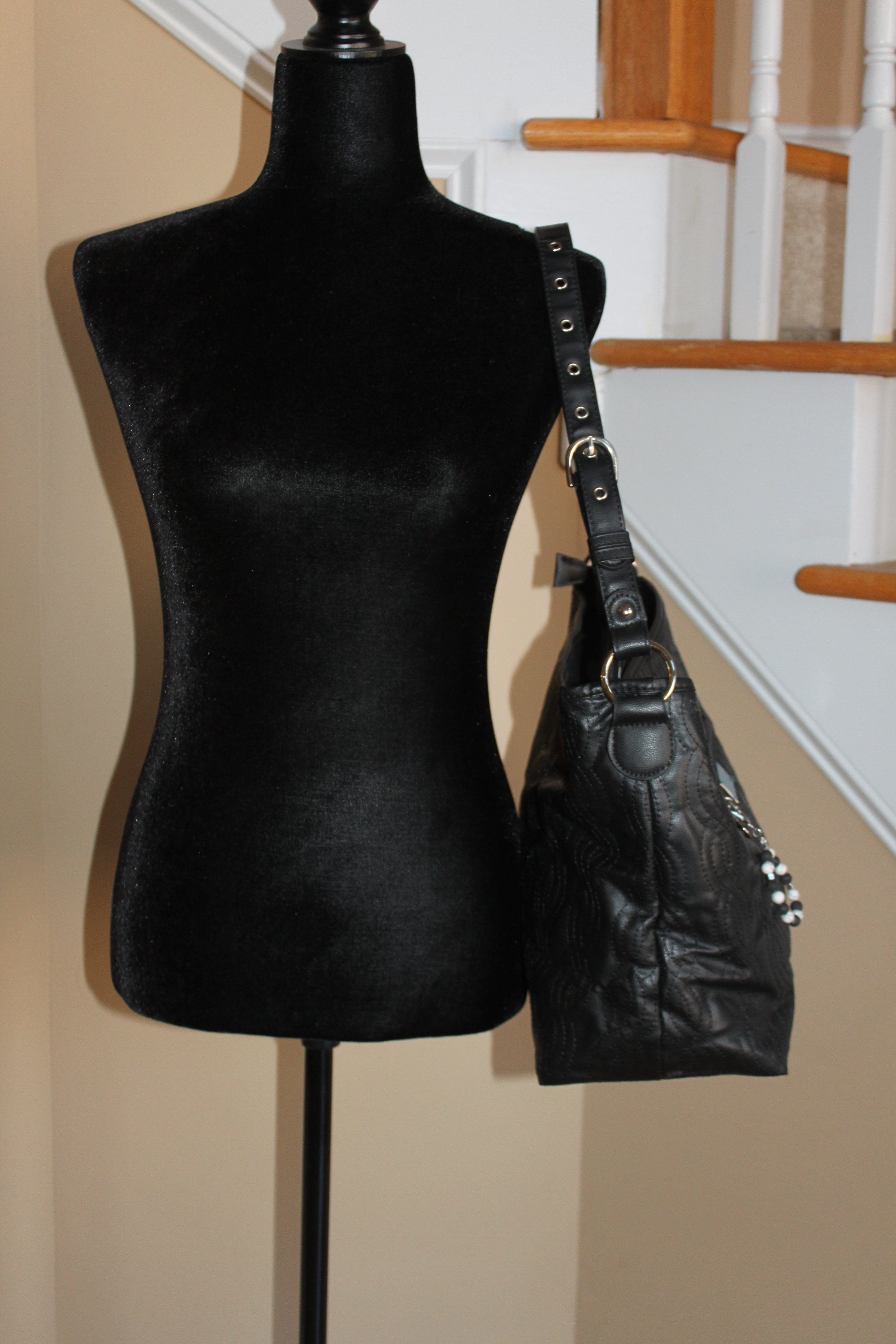 Large Black Shoulder Bag with silver accents and hand-crafted bag charm HB066