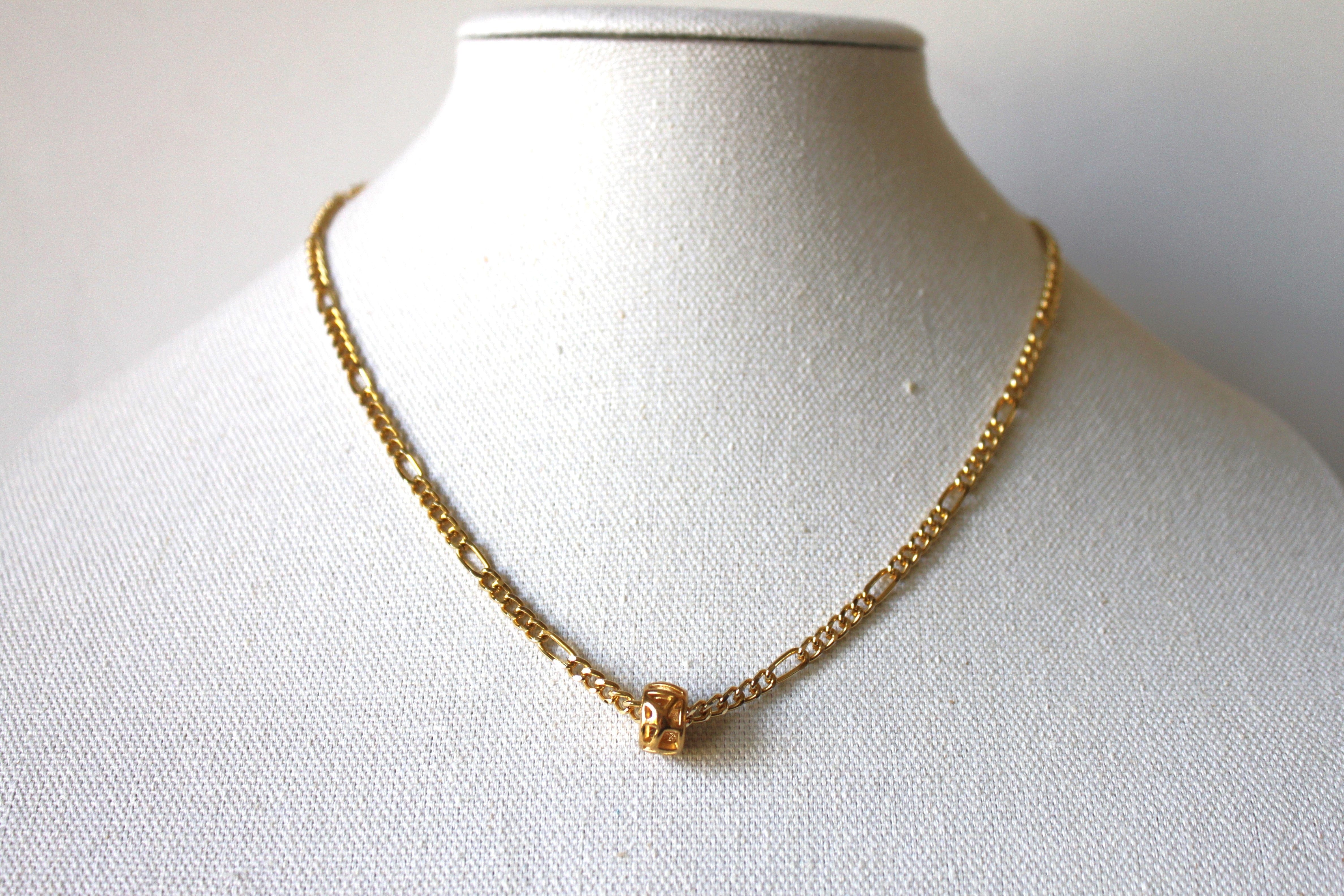 Necklace - 14K Gold Plate Vintage Necklace in Figaro Chain Pattern - 18" (w/gold charm) JL006