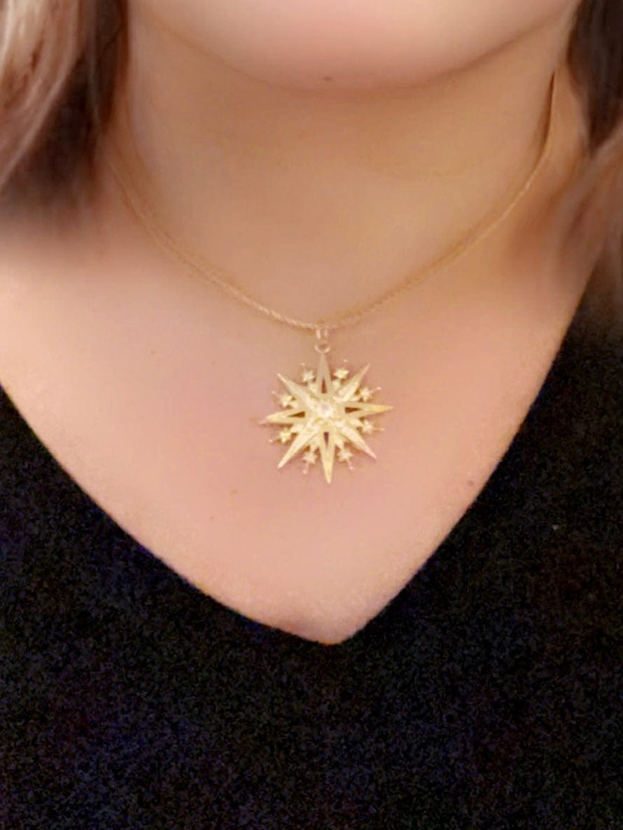 Necklace - 14K GP in Herringbone Pattern and beautiful gold and zircon sun charm - 16" J001