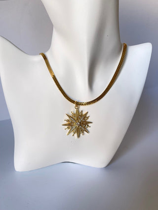 Necklace - 14K GP in Herringbone Pattern and beautiful gold and zircon sun charm - 16" J001