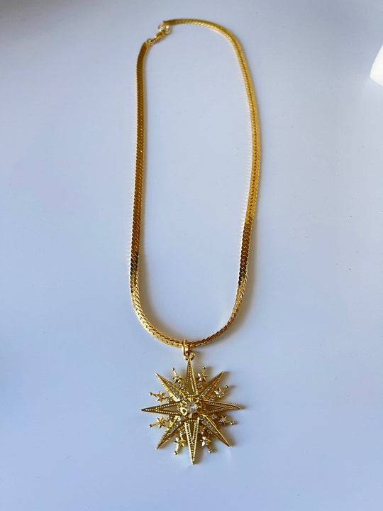 Necklace - 14K GP in Herringbone Pattern and beautiful gold and zircon sun charm - 16" J001