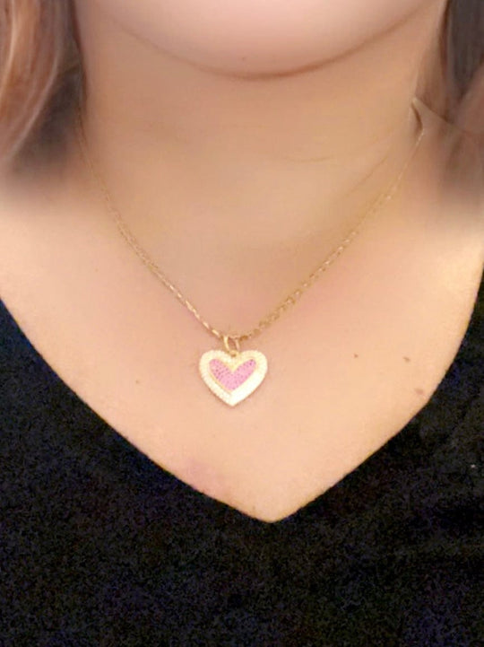 Necklace - 14K GP in Herringbone Pattern and gold, pink and rhinestone heart charm -  18" JL004