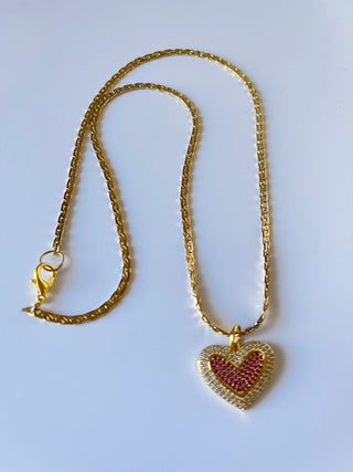 Necklace - 14K GP in Herringbone Pattern and gold, pink and rhinestone heart charm -  18" JL004