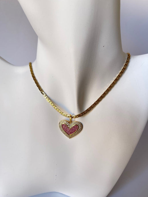 Necklace - 14K GP in Herringbone Pattern and gold, pink and rhinestone heart charm -  18