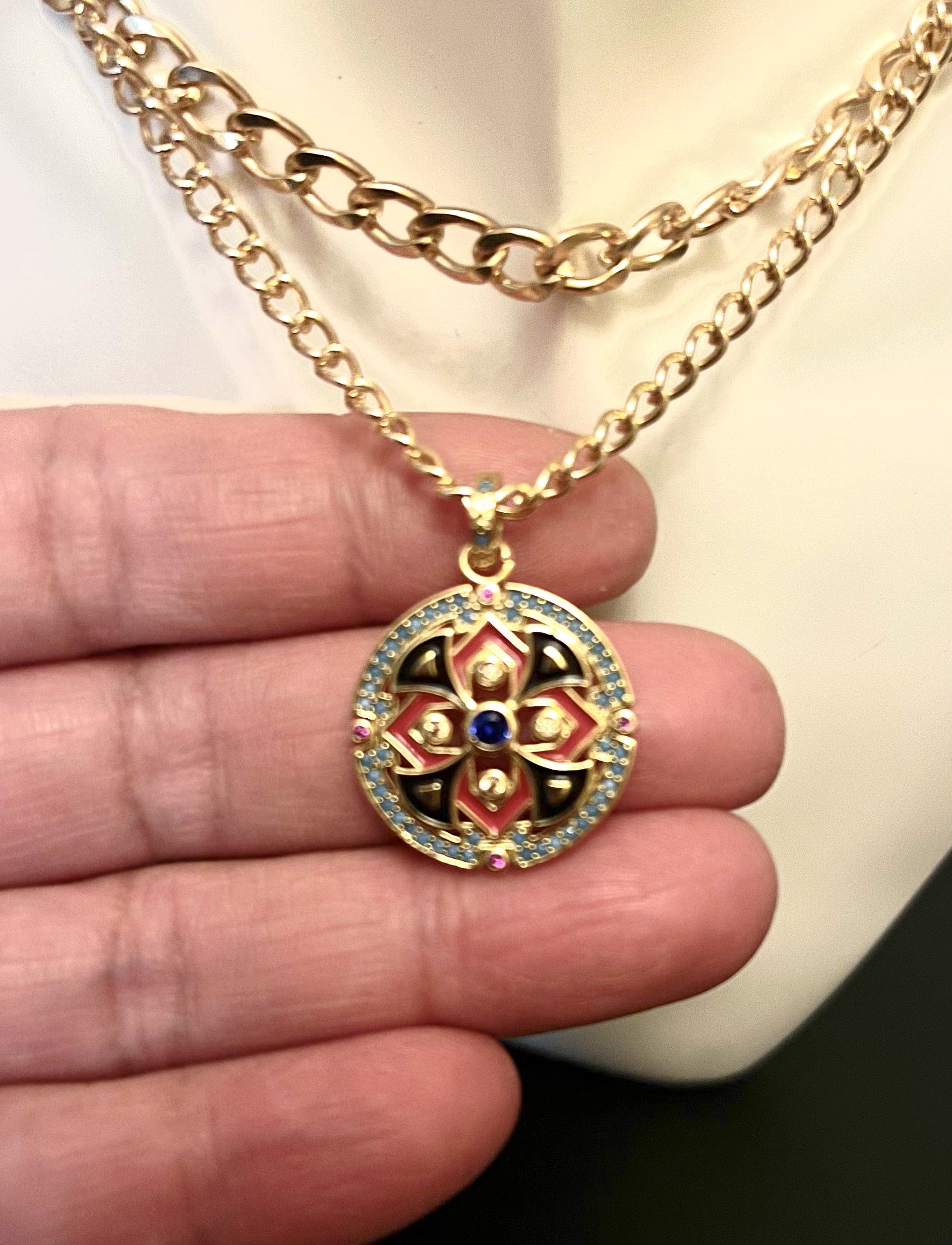 Necklace - 2-layered gold necklaces with beautiful multi-colored charm - 16" & 18" w/3" extension JL132