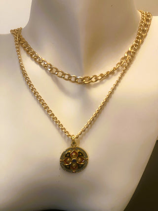Necklace - 2-layered gold necklaces with beautiful multi-colored charm - 16" & 18" w/3" extension JL132