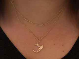 Necklace - 2-layered gold-plated necklaces w/gold gold/white moon charm - 15" & 18" w/3" extension JL131