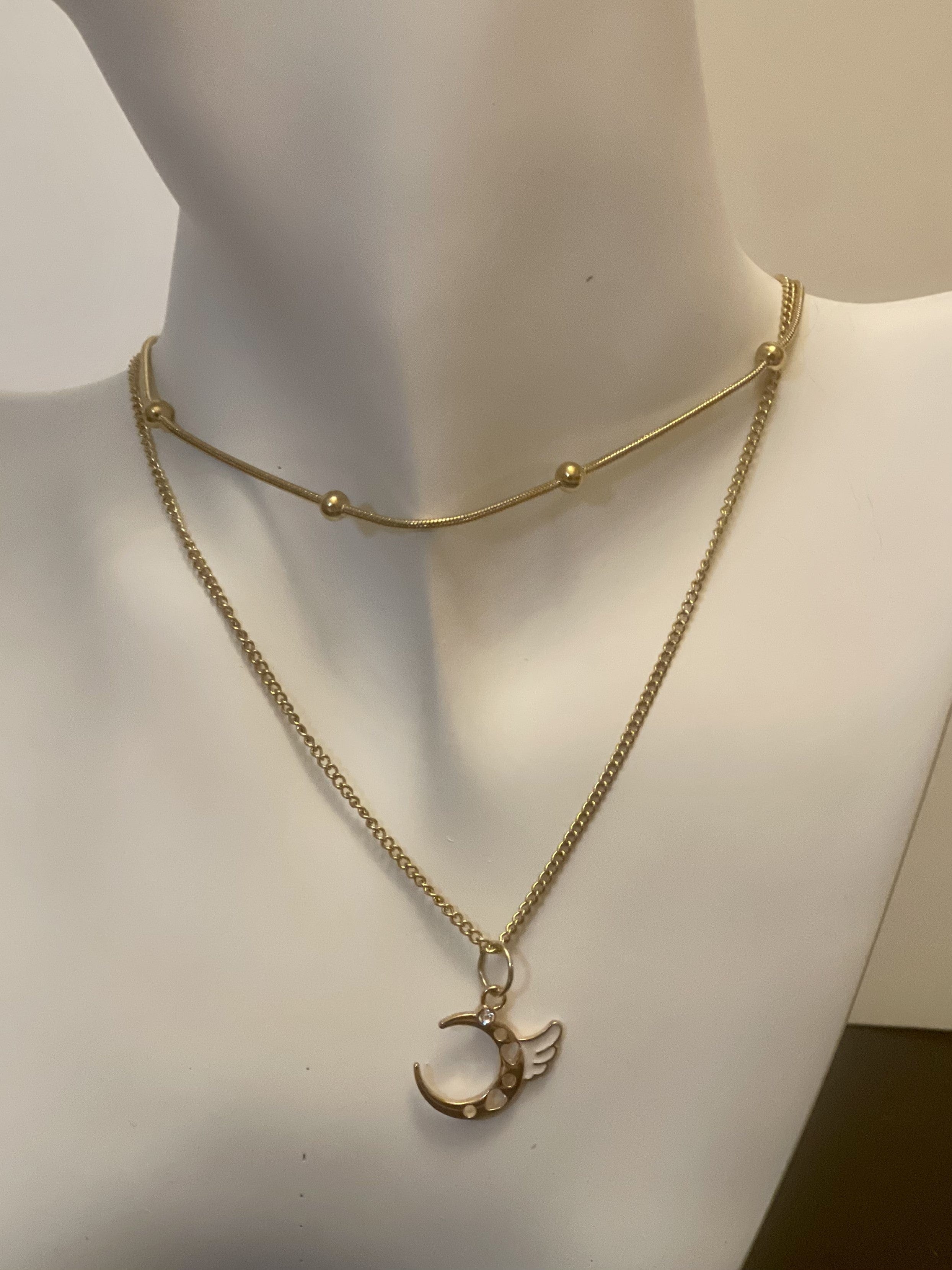 Necklace - 2-layered gold-plated necklaces w/gold gold/white moon charm - 15" & 18" w/3" extension JL131