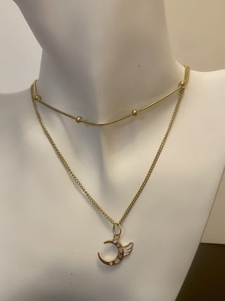 Necklace - 2-layered gold-plated necklaces w/gold gold/white moon charm - 15" & 18" w/3" extension JL131