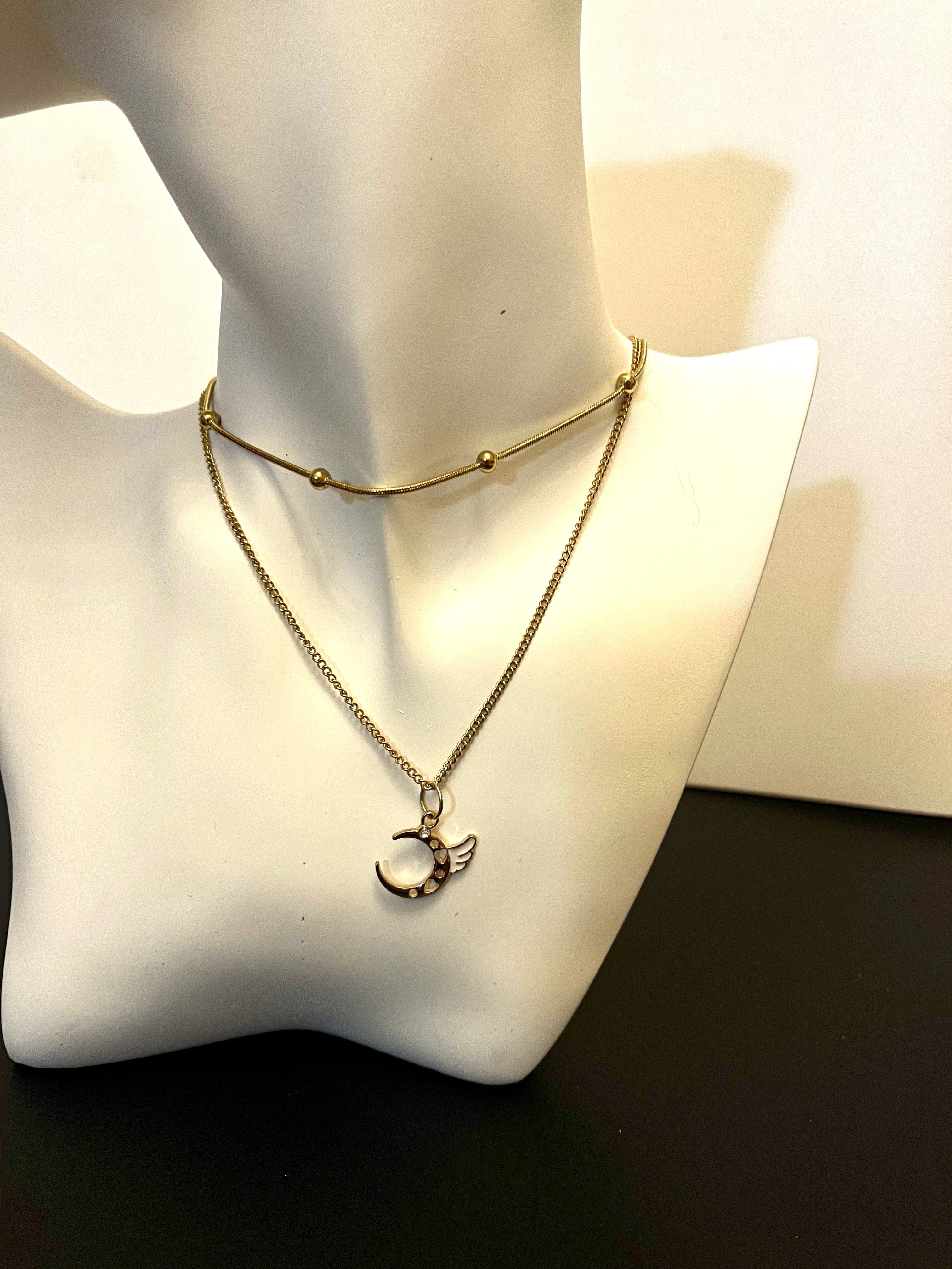 Necklace - 2-layered gold-plated necklaces w/gold gold/white moon charm - 15" & 18" w/3" extension JL131