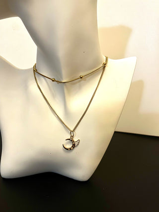 Necklace - 2-layered gold-plated necklaces w/gold gold/white moon charm - 15" & 18" w/3" extension JL131