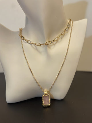 Necklace - 2-layered gold-plated necklaces w/gold-wrapped pink stone charm - 15" & 18" w/3" extension JL129
