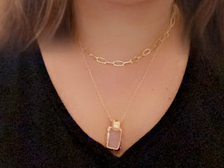 Necklace - 2-layered gold-plated necklaces w/gold-wrapped pink stone charm - 15" & 18" w/3" extension JL129