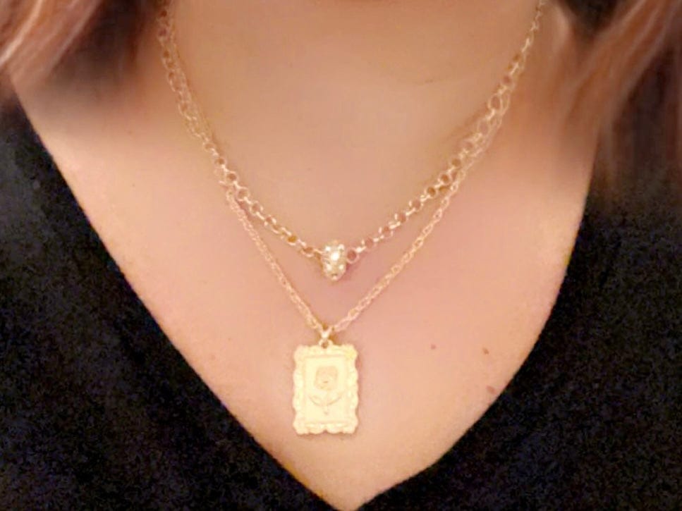 Necklace - 2-layered gold-plated necklaces w/heart and rhinestone charms- 16" & 17" with 3" extension JL128