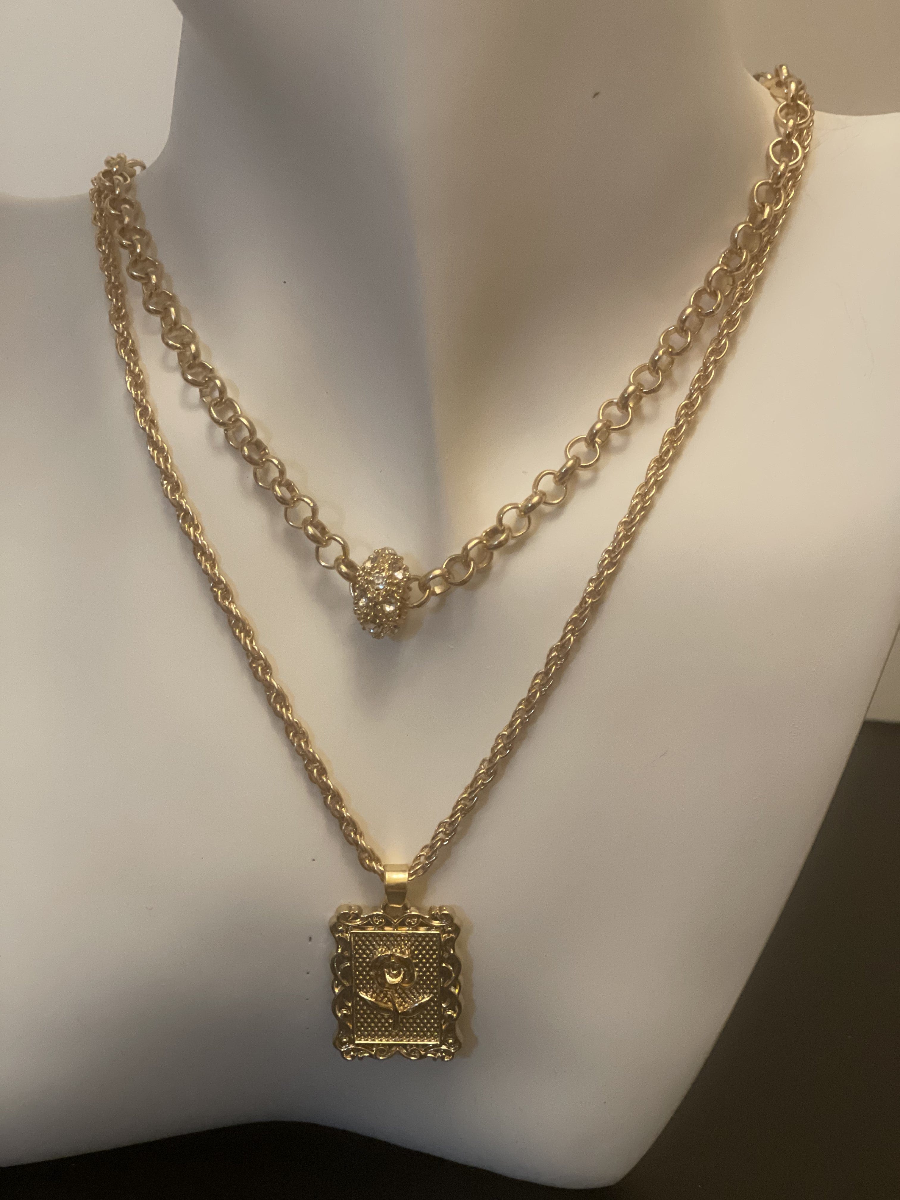 Necklace - 2-layered gold-plated necklaces w/heart and rhinestone charms- 16" & 17" with 3" extension JL128