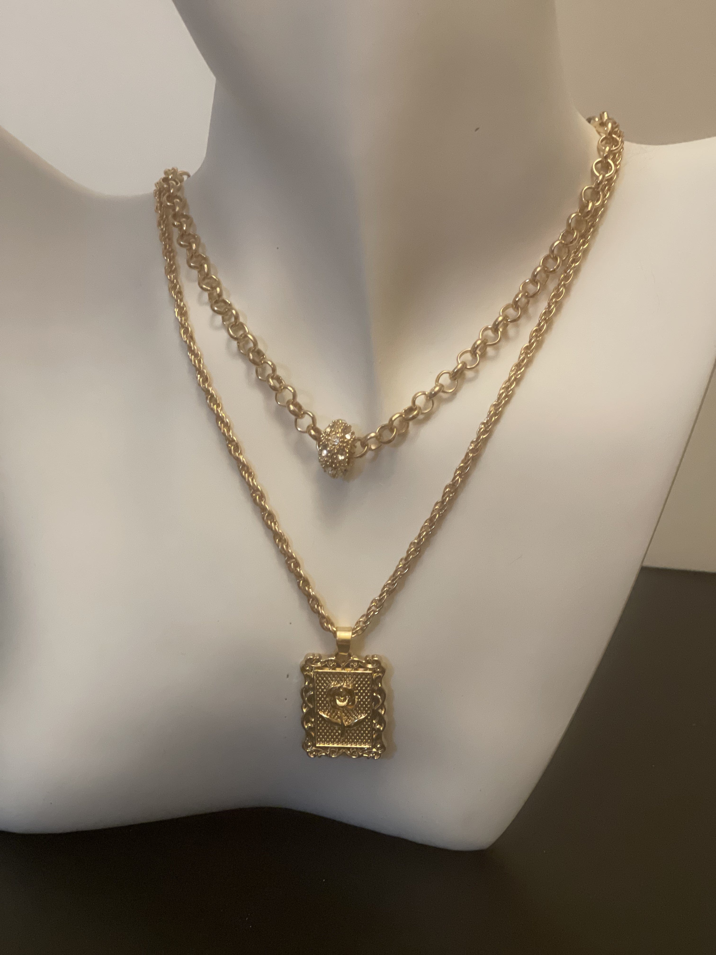 Necklace - 2-layered gold-plated necklaces w/heart and rhinestone charms- 16" & 17" with 3" extension JL128