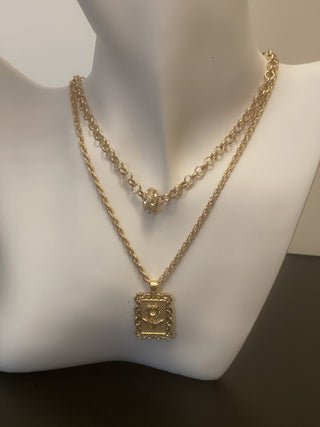 Necklace - 2-layered gold-plated necklaces w/heart and rhinestone charms- 16" & 17" with 3" extension JL128