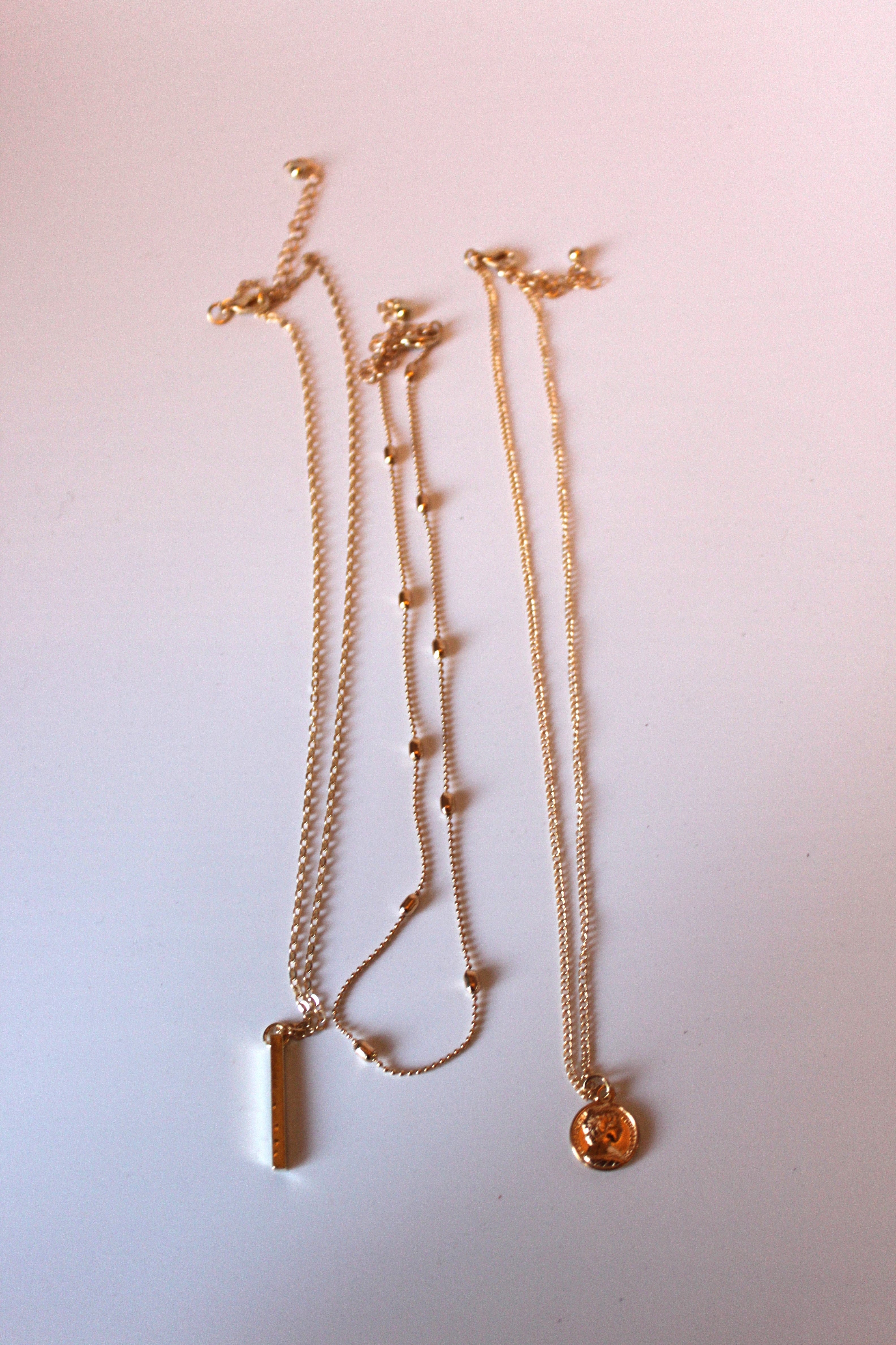 Necklace - 3-layered gold-plated chain designs w/gold charms - 15.5", 16", and 18" with 2" extension JL045
