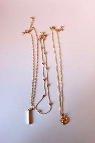 Necklace - 3-layered gold-plated chain designs w/gold charms - 15.5", 16", and 18" with 2" extension JL045