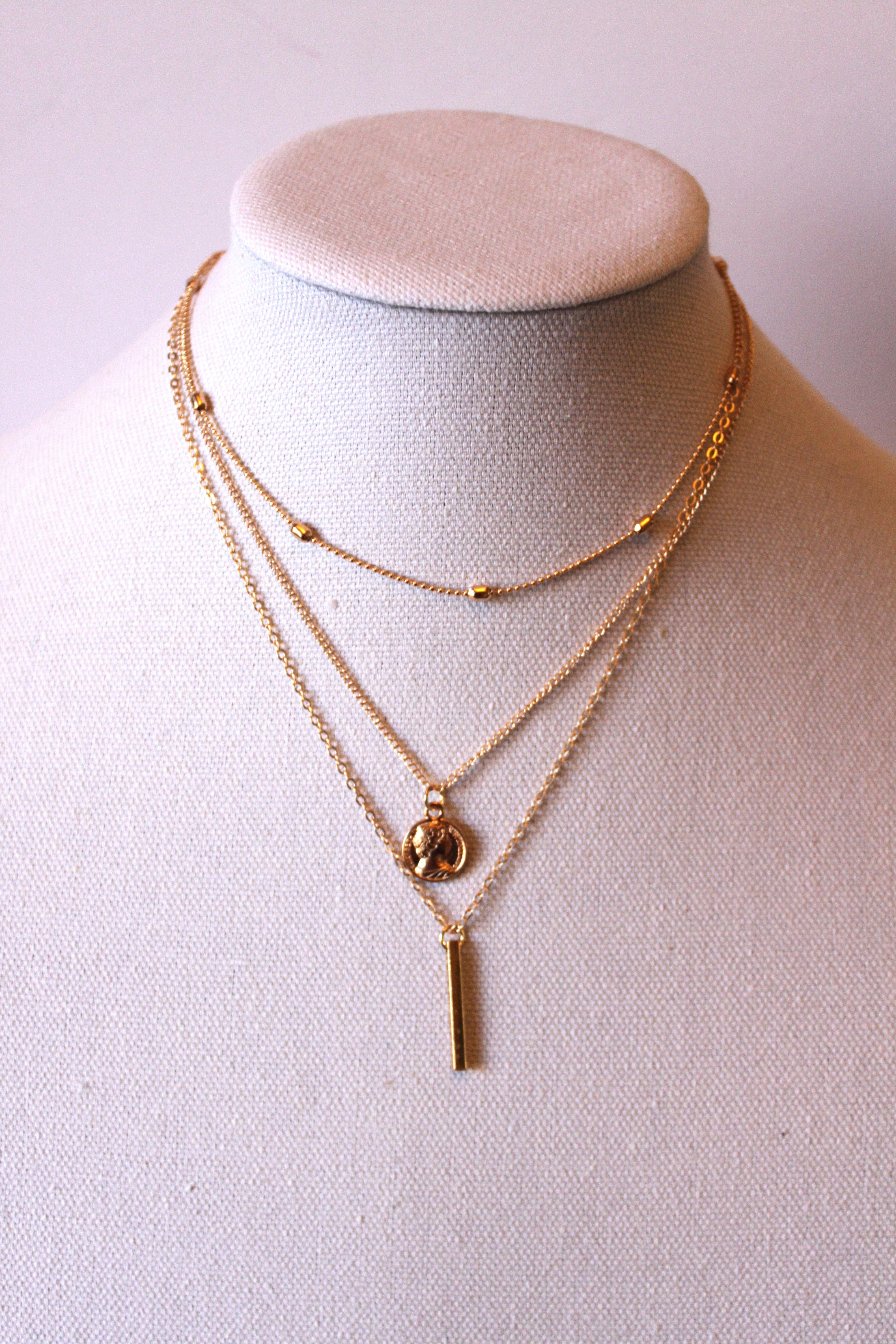 Necklace - 3-layered gold-plated chain designs w/gold charms - 15.5", 16", and 18" with 2" extension JL045
