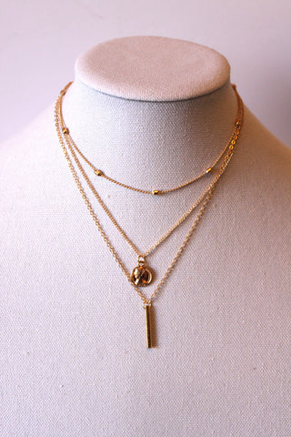 Necklace - 3-layered gold-plated chain designs w/gold charms - 15.5", 16", and 18" with 2" extension JL045