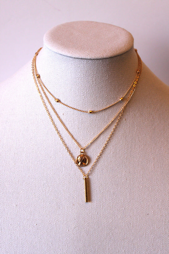Necklace - 3-layered gold-plated chain designs w/gold charms - 15.5", 16", and 18" with 2" extension JL045