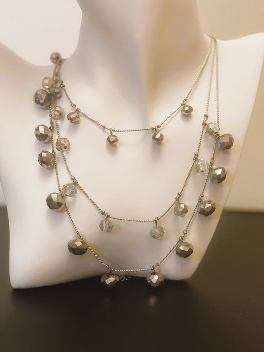 Necklace - 3-Layered necklace - Silver plated with silver/gray glass beads - 16", 17.5", 20" JL138