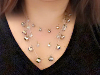 Necklace - 3-Layered necklace - Silver plated with silver/gray glass beads - 16", 17.5", 20" JL138