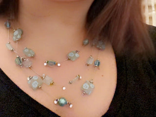 Necklace - 3-layered silver necklaces with light green faceted glass beads - 15",18",20" w/3" extension JL134