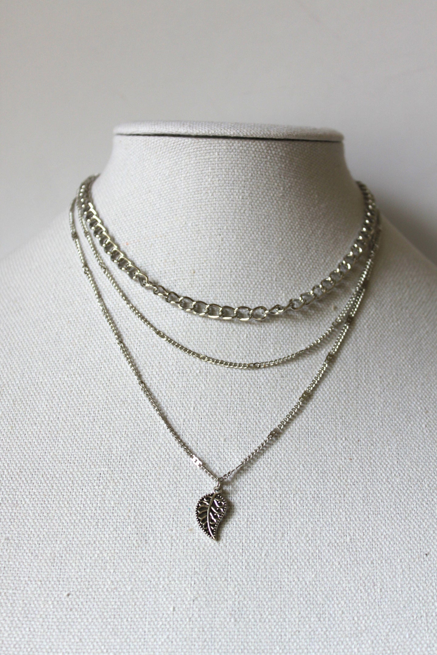 Necklace - 3-layered silver-plate, cube and cable chain designs - 15.5