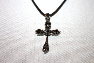 Necklace - Black rope chain with beautiful cross pendant set in black and white crystals - 16" with 2" extension JL064