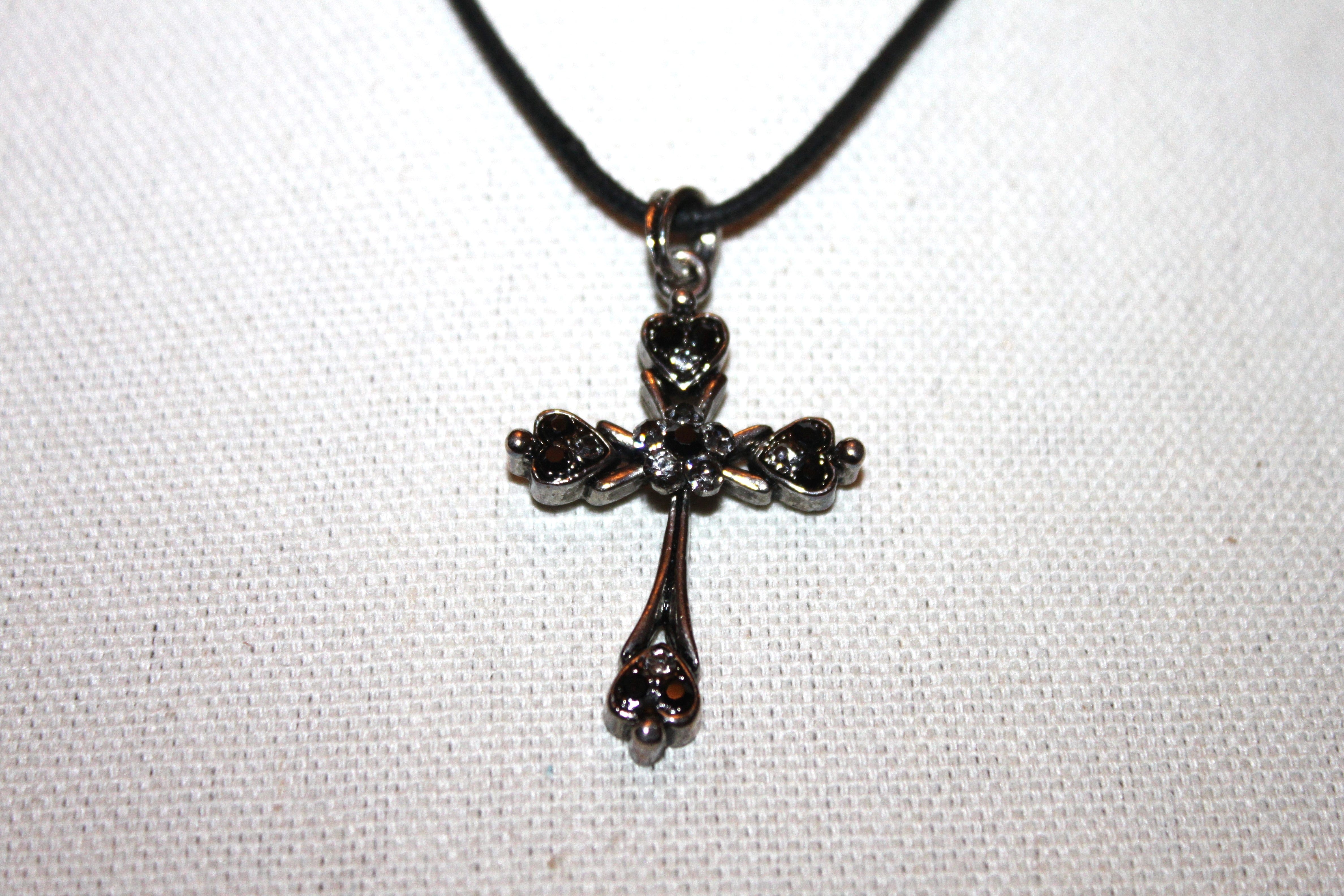 Necklace - Black rope chain with beautiful cross pendant set in black and white crystals - 16" with 2" extension JL064
