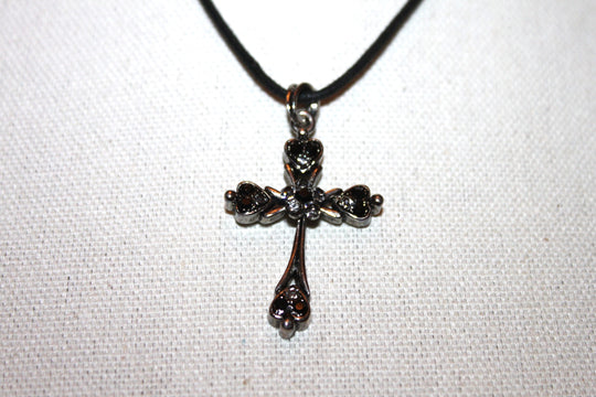 Necklace - Black rope chain with beautiful cross pendant set in black and white crystals - 16" with 2" extension JL064