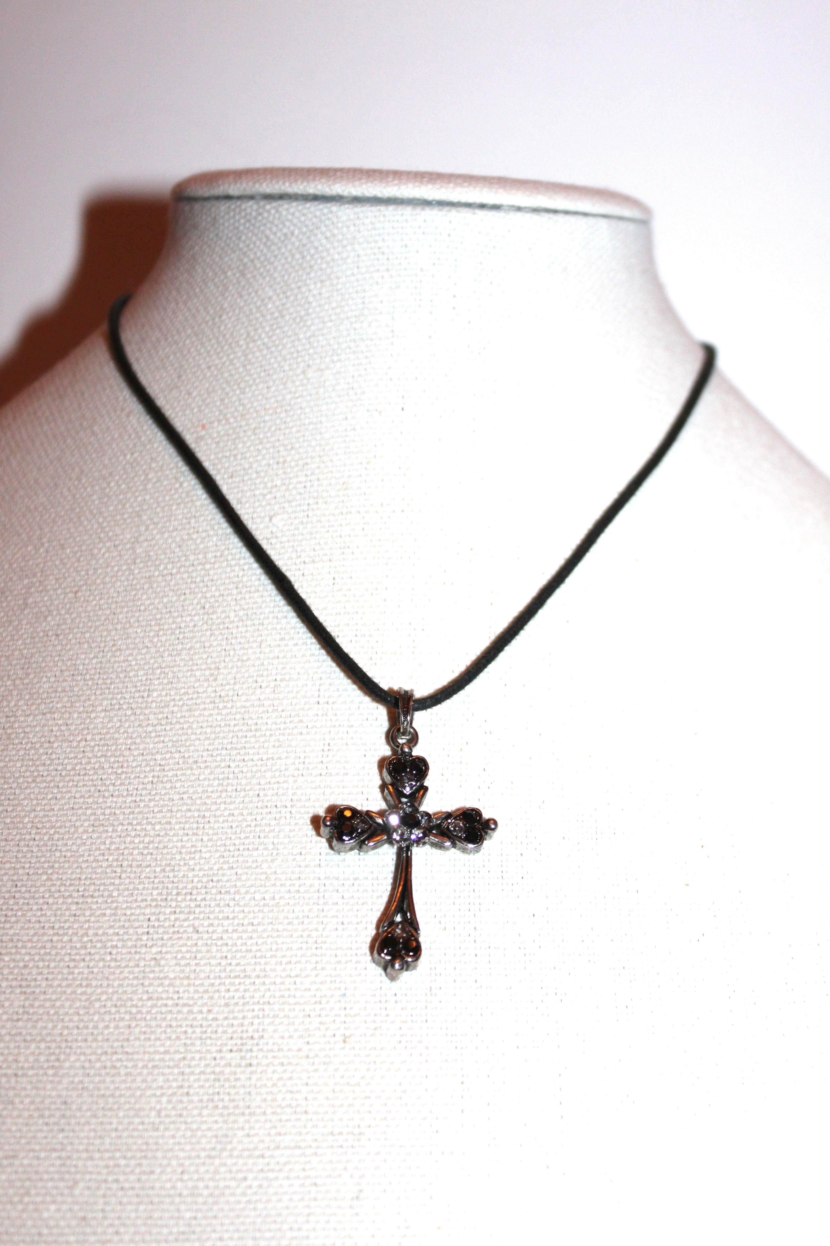 Necklace - Black rope chain with beautiful cross pendant set in black and white crystals - 16" with 2" extension JL064