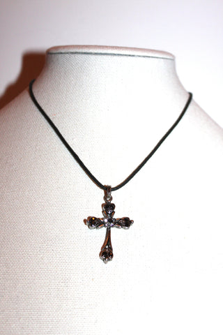 Necklace - Black rope chain with beautiful cross pendant set in black and white crystals - 16" with 2" extension JL064