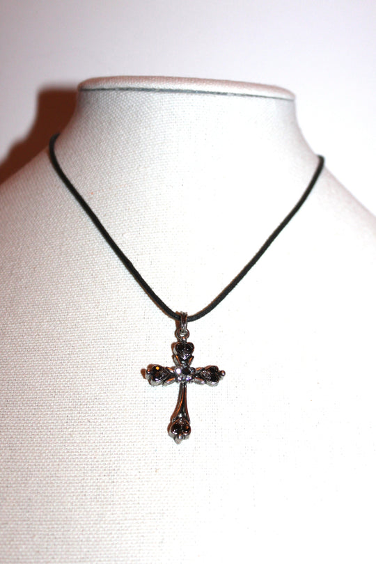 Necklace - Black rope chain with beautiful cross pendant set in black and white crystals - 16" with 2" extension JL064