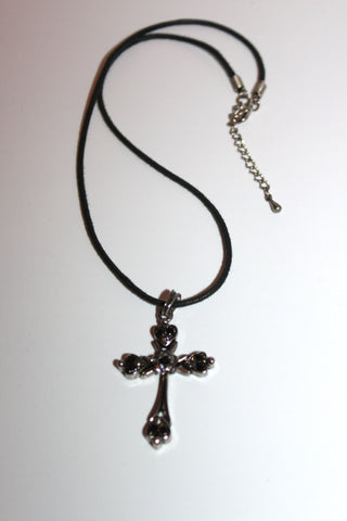 Necklace - Black rope chain with beautiful cross pendant set in black and white crystals - 16" with 2" extension JL064