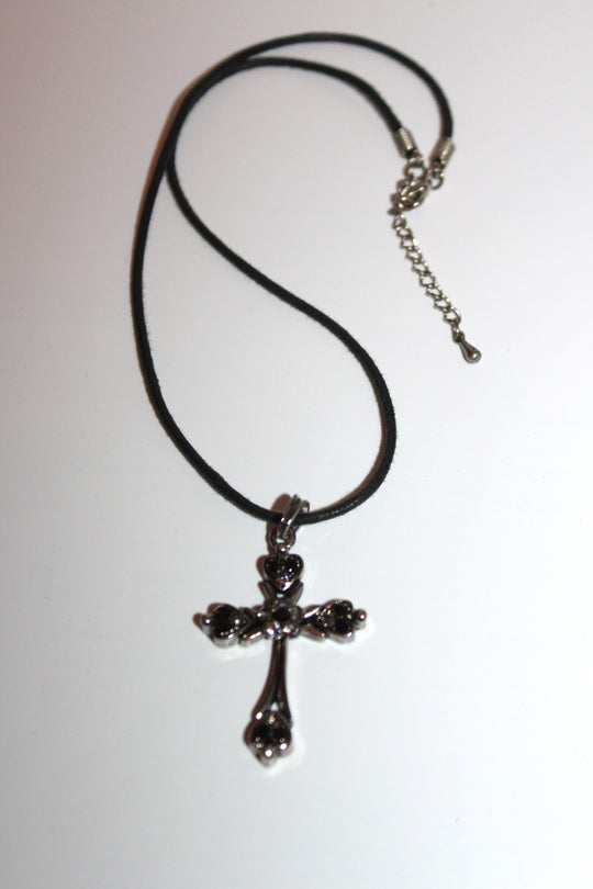 Necklace - Black rope chain with beautiful cross pendant set in black and white crystals - 16" with 2" extension JL064