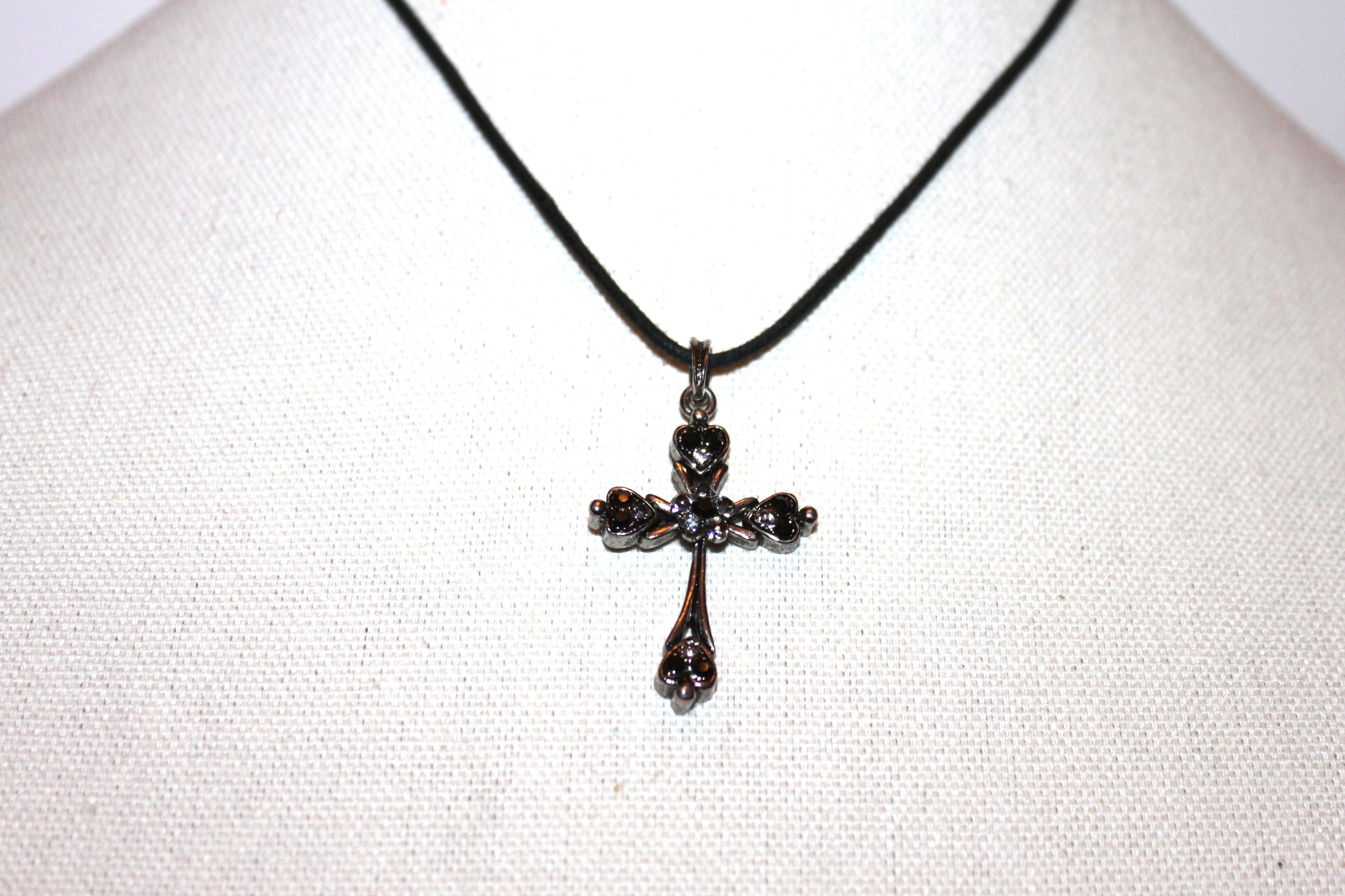 Necklace - Black rope chain with beautiful cross pendant set in black and white crystals - 16" with 2" extension JL064