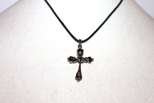 Necklace - Black rope chain with beautiful cross pendant set in black and white crystals - 16" with 2" extension JL064