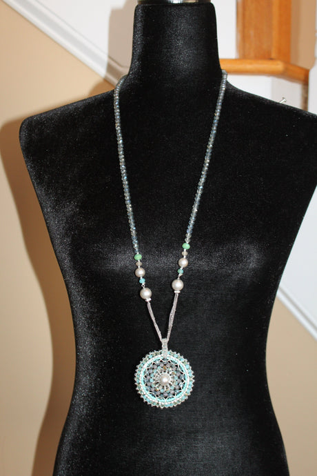 Necklace - Blue Crystal Cut with beads and silver accents - designed by Denis and Charles RUSH JL079