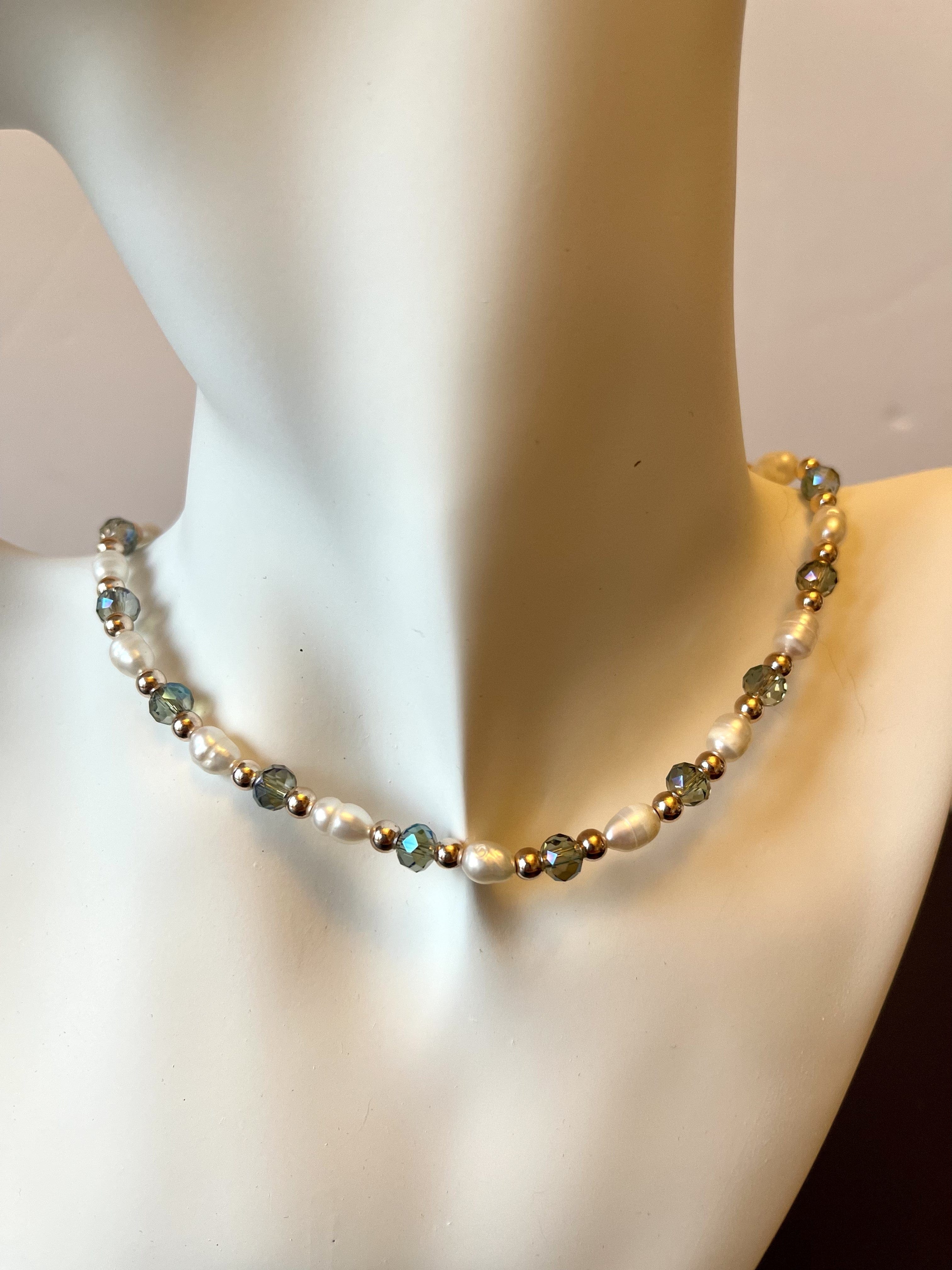 Necklace - Freshwater pearl necklace with gold and faceted blue Czech beads - 18", 2" ext JL119
