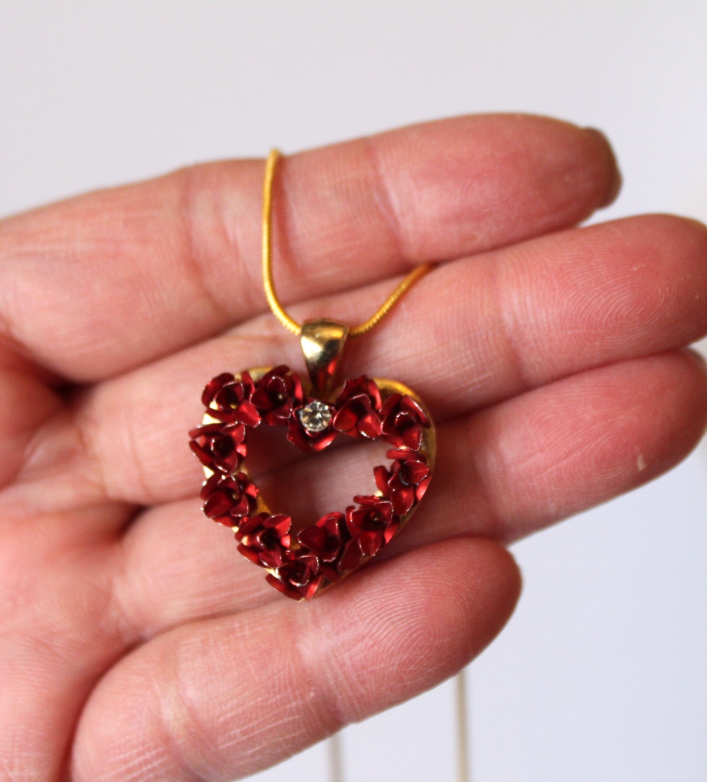 Necklace - Intricate red heart charm vintage pendant and gold chain with center CZ - 18